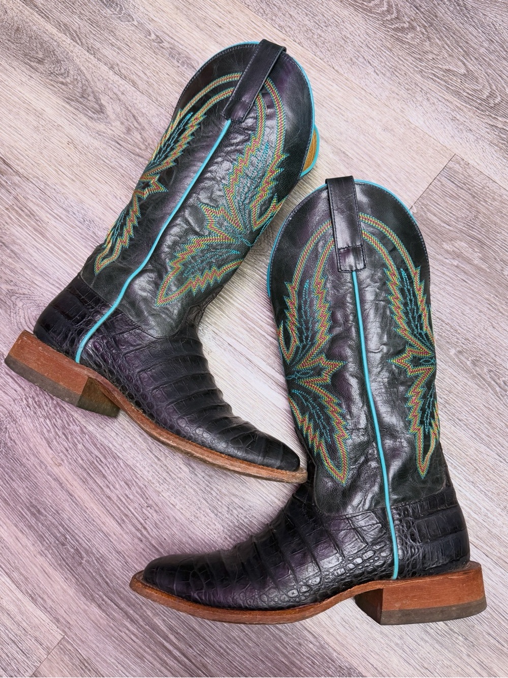 Macie Bean Black Leather Western Boots with Turquoise Piping